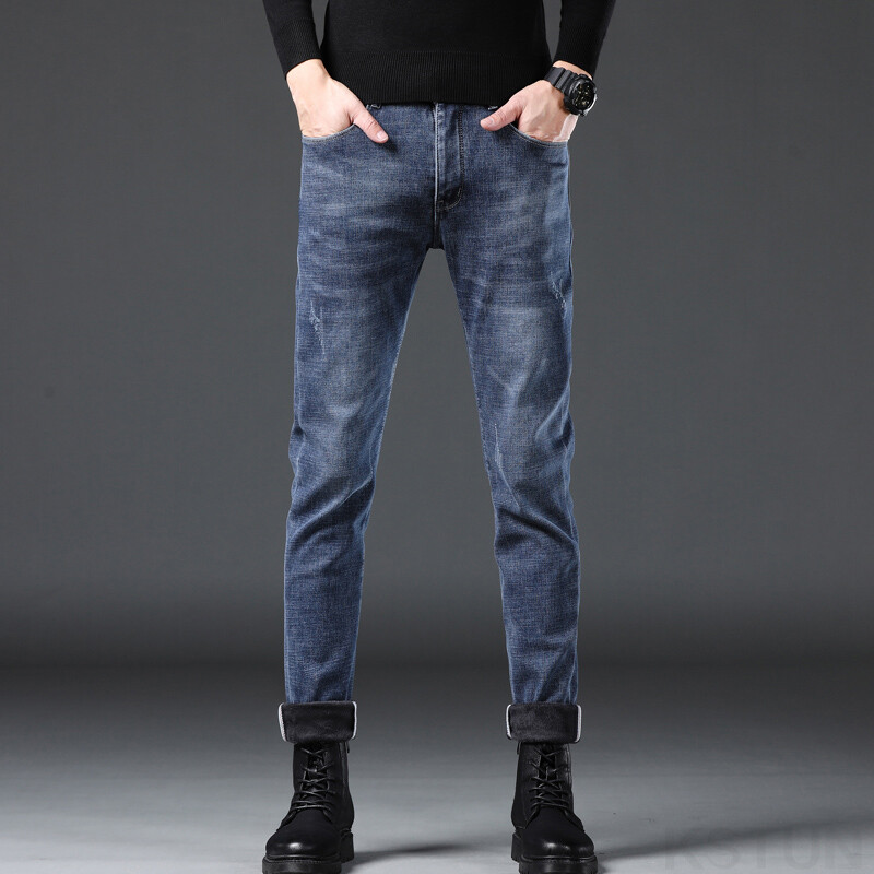 Meeste talveteksad Soojemad paksud teksad fliisiga vabaaja teksapüksid Sinised õhukesed kitsad püksid meestele Kauboid meeste rõivad