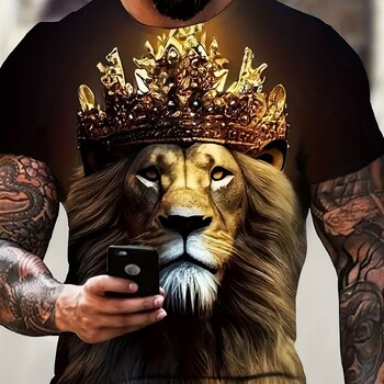 Lion and Crown Cool 3D Graphic Printing Ανδρικό καινοτόμο μπλουζάκι με κοντό μανίκι με στρογγυλή λαιμόκοψη, καλοκαιρινό εξωτερικό