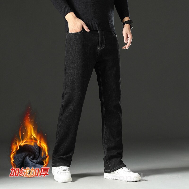 Зимни поларени удебелени дънки мъжки прави топли панталони на средна възраст голям размер зимни дънки мъжки 52 50 48 46 44