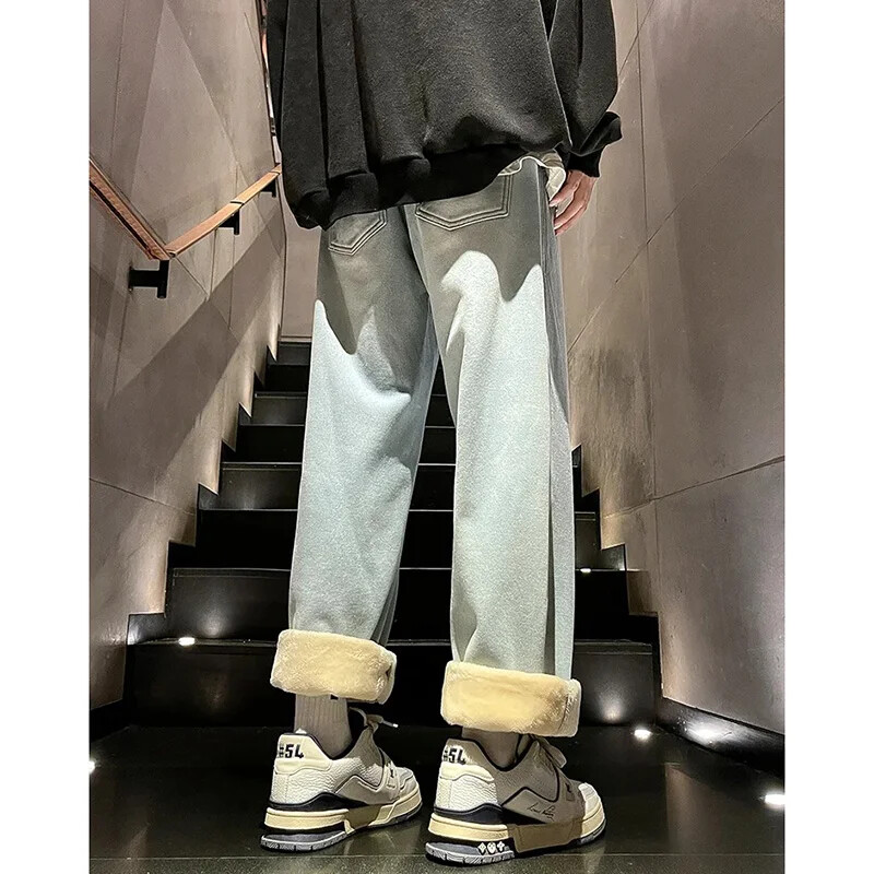 Зимни топлинни мъжки корейски удебелени ежедневни дънки Мъжки популярни снежни топли плюшени дънкови панталони Classis Прави широки дънкови панталони
