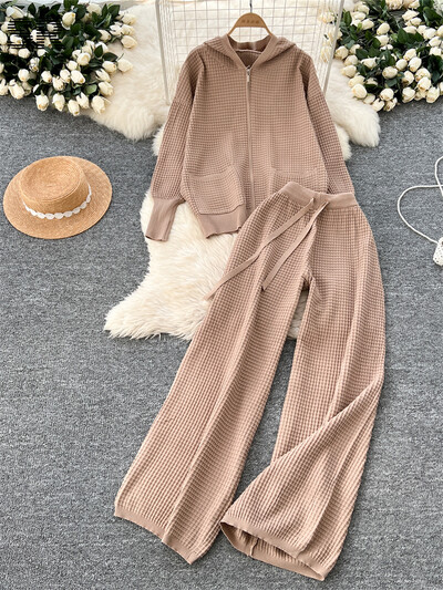 SINGREINY Basics trikotāžas brīvi 2gab uzvalki Sieviešu džemperis ar kapuci ar garām piedurknēm + bikses ar platām kājām 2024. gada ziemas cietie kabatas ikdienas komplekti