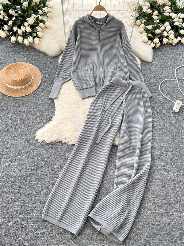 SINGREINY Basics trikotāžas brīvi 2gab uzvalki Sieviešu džemperis ar kapuci ar garām piedurknēm + bikses ar platām kājām 2024. gada ziemas cietie kabatas ikdienas komplekti