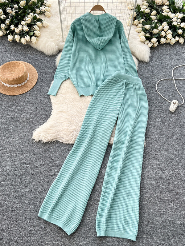 SINGREINY Basics trikotāžas brīvi 2gab uzvalki Sieviešu džemperis ar kapuci ar garām piedurknēm + bikses ar platām kājām 2024. gada ziemas cietie kabatas ikdienas komplekti