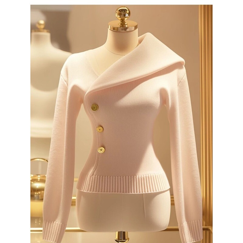 Temperament elegantne Niche Slim Fit ühevärviline silmkoeline naiste sügis 2024 uus asümmeetriline revääriga kampsun.