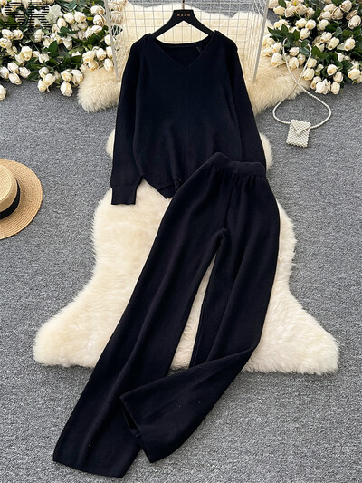 SINGREINY Твърди свободни плетени костюми от две части Дамски пуловер с V-образно деколте с дълъг ръкав + Домашно облекло Дебели панталони Есен Зима Комплекти от 2 бр.