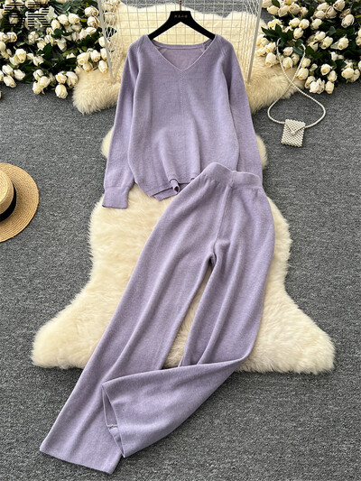 SINGREINY Твърди свободни плетени костюми от две части Дамски пуловер с V-образно деколте с дълъг ръкав + Домашно облекло Дебели панталони Есен Зима Комплекти от 2 бр.