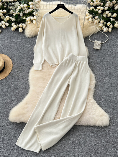 SINGREINY Твърди свободни плетени костюми от две части Дамски пуловер с V-образно деколте с дълъг ръкав + Домашно облекло Дебели панталони Есен Зима Комплекти от 2 бр.