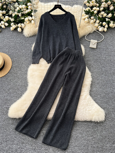 SINGREINY Твърди свободни плетени костюми от две части Дамски пуловер с V-образно деколте с дълъг ръкав + Домашно облекло Дебели панталони Есен Зима Комплекти от 2 бр.