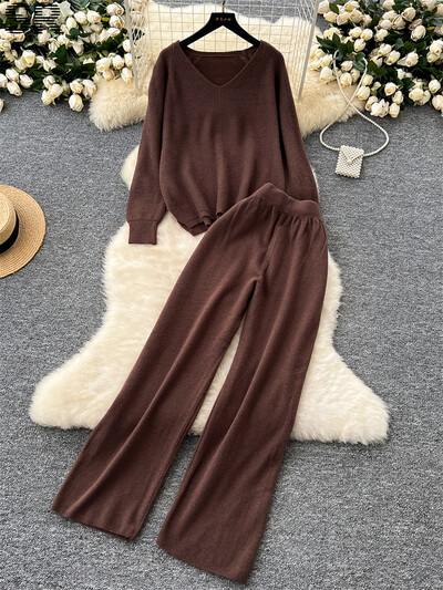 SINGREINY Твърди свободни плетени костюми от две части Дамски пуловер с V-образно деколте с дълъг ръкав + Домашно облекло Дебели панталони Есен Зима Комплекти от 2 бр.