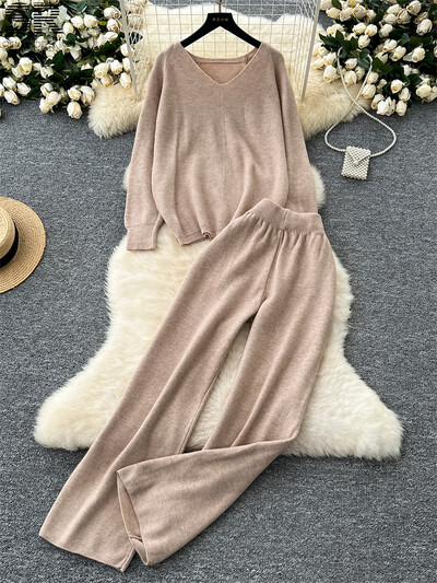 SINGREINY Твърди свободни плетени костюми от две части Дамски пуловер с V-образно деколте с дълъг ръкав + Домашно облекло Дебели панталони Есен Зима Комплекти от 2 бр.