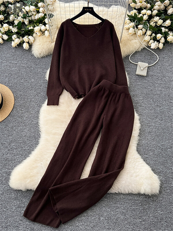 SINGREINY Твърди свободни плетени костюми от две части Дамски пуловер с V-образно деколте с дълъг ръкав + Домашно облекло Дебели панталони Есен Зима Комплекти от 2 бр.