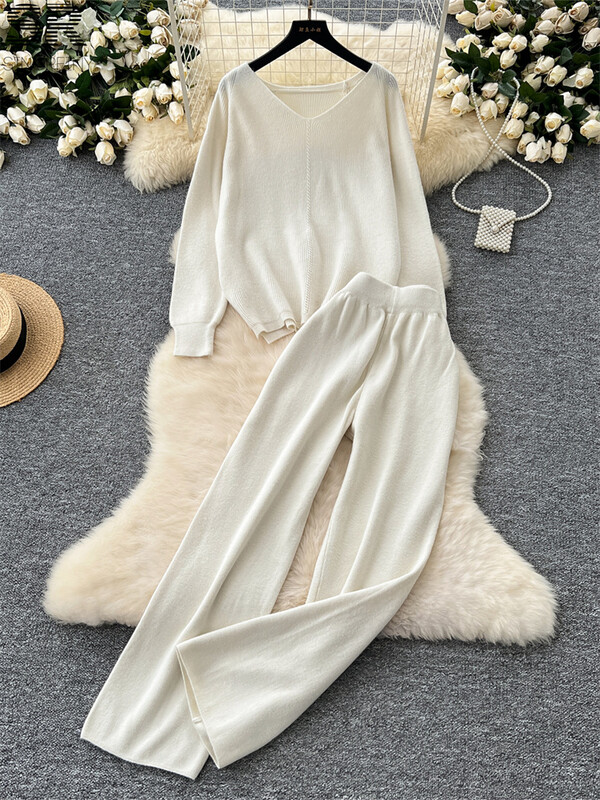 SINGREINY Твърди свободни плетени костюми от две части Дамски пуловер с V-образно деколте с дълъг ръкав + Домашно облекло Дебели панталони Есен Зима Комплекти от 2 бр.