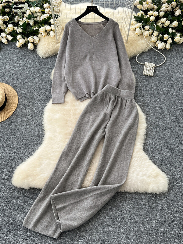 SINGREINY Твърди свободни плетени костюми от две части Дамски пуловер с V-образно деколте с дълъг ръкав + Домашно облекло Дебели панталони Есен Зима Комплекти от 2 бр.