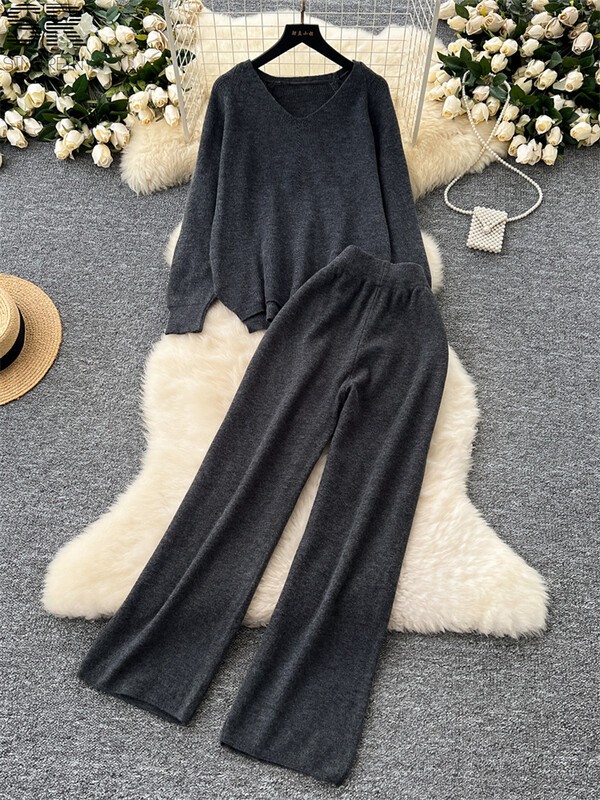 SINGREINY Твърди свободни плетени костюми от две части Дамски пуловер с V-образно деколте с дълъг ръкав + Домашно облекло Дебели панталони Есен Зима Комплекти от 2 бр.