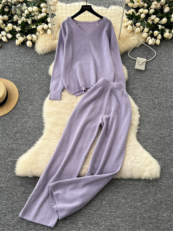 SINGREINY Твърди свободни плетени костюми от две части Дамски пуловер с V-образно деколте с дълъг ръкав + Домашно облекло Дебели панталони Есен Зима Комплекти от 2 бр.