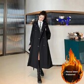 Черен удебелен тренчкот със средна дължина и подплата от полар Дамско яке есен/зима 2024 г., нов стил, дребно, модерно