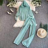 OCEANLOVE Kompleti pletenih hlača Jednobojni kardigani s kapuljačom Jesen Zima 2 komada Set Ženska odjeća Modni široki Conjunto Femenino