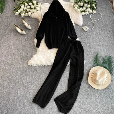 OCEANLOVE Kompleti pletenih hlača Jednobojni kardigani s kapuljačom Jesen Zima 2 komada Set Ženska odjeća Modni široki Conjunto Femenino