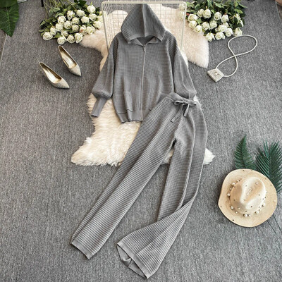 OCEANLOVE Kompleti pletenih hlača Jednobojni kardigani s kapuljačom Jesen Zima 2 komada Set Ženska odjeća Modni široki Conjunto Femenino