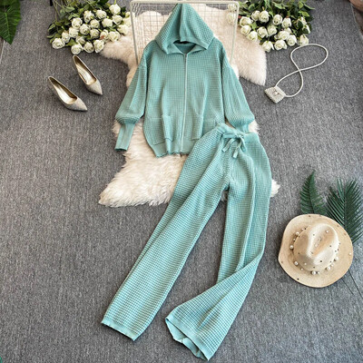 OCEANLOVE Kompleti pletenih hlača Jednobojni kardigani s kapuljačom Jesen Zima 2 komada Set Ženska odjeća Modni široki Conjunto Femenino