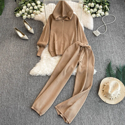 OCEANLOVE Kompleti pletenih hlača Jednobojni kardigani s kapuljačom Jesen Zima 2 komada Set Ženska odjeća Modni široki Conjunto Femenino