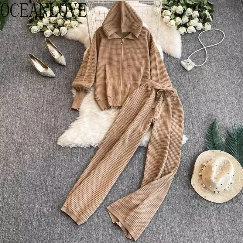OCEANLOVE Kompleti pletenih hlača Jednobojni kardigani s kapuljačom Jesen Zima 2 komada Set Ženska odjeća Modni široki Conjunto Femenino