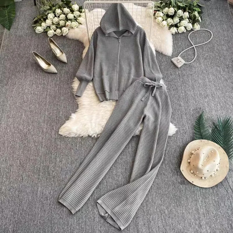 OCEANLOVE Kompleti pletenih hlača Jednobojni kardigani s kapuljačom Jesen Zima 2 komada Set Ženska odjeća Modni široki Conjunto Femenino