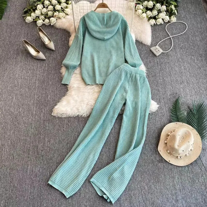 OCEANLOVE Kompleti pletenih hlača Jednobojni kardigani s kapuljačom Jesen Zima 2 komada Set Ženska odjeća Modni široki Conjunto Femenino