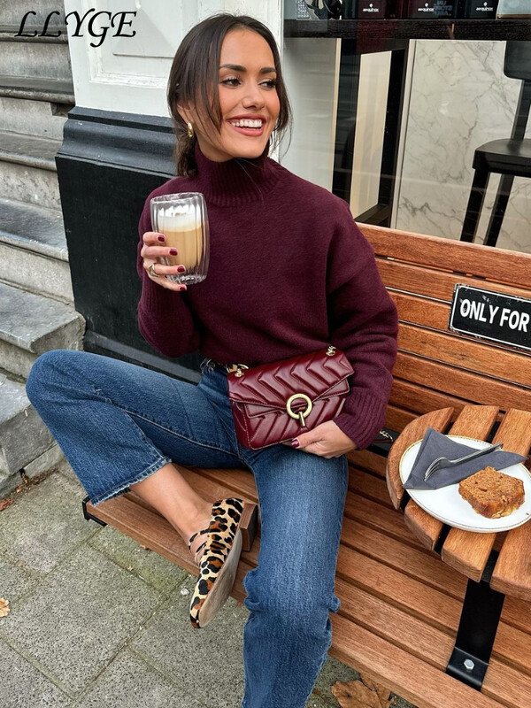 Vintage naiste Burgundia kilpkonnaga sviiter vabaaja pikkade varrukatega naiste paks 2024. aasta talve daamiline hubane kudum