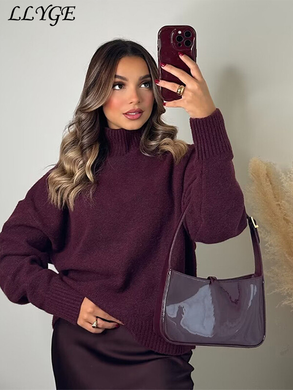 Vintage naiste Burgundia kilpkonnaga sviiter vabaaja pikkade varrukatega naiste paks 2024. aasta talve daamiline hubane kudum