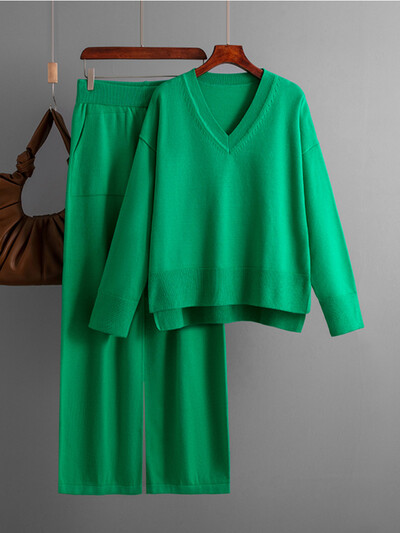 2024. aasta uus Euroopa ja Ameerika sügis- ja talvine vabaajaülikond Naiste massiivsed lahtised pükstekomplektid kampsun, pullover, kootud kaheosaline komplekt