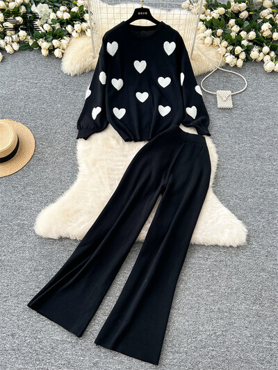 SINGREINY Heart Print kudumiskomplektid Naiste pikkade varrukatega sügisene kaelusega kampsun + elastsed vööpüksid Talvised põhitõed Kaheosalised ülikonnad