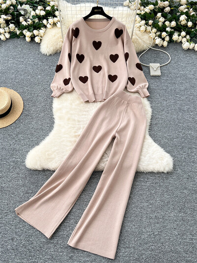 SINGREINY Heart Print kudumiskomplektid Naiste pikkade varrukatega sügisene kaelusega kampsun + elastsed vööpüksid Talvised põhitõed Kaheosalised ülikonnad