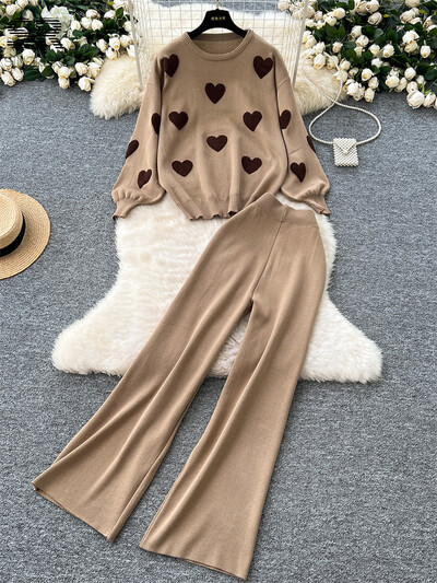 SINGREINY Heart Print kudumiskomplektid Naiste pikkade varrukatega sügisene kaelusega kampsun + elastsed vööpüksid Talvised põhitõed Kaheosalised ülikonnad