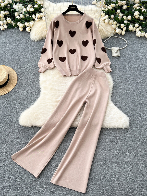 SINGREINY Heart Print kudumiskomplektid Naiste pikkade varrukatega sügisene kaelusega kampsun + elastsed vööpüksid Talvised põhitõed Kaheosalised ülikonnad