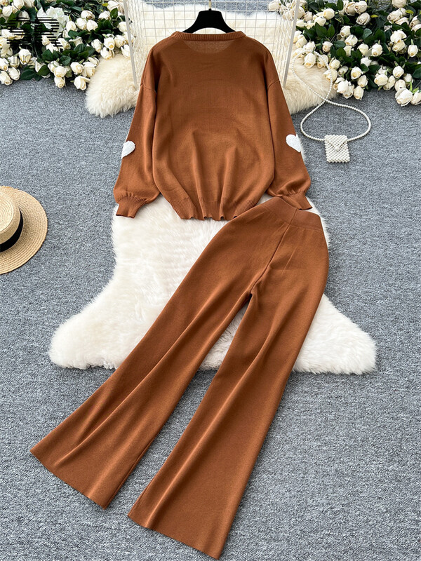 SINGREINY Heart Print kudumiskomplektid Naiste pikkade varrukatega sügisene kaelusega kampsun + elastsed vööpüksid Talvised põhitõed Kaheosalised ülikonnad