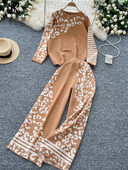 SINGREINY American Fashion Two Pieces Sets Sieviešu O Neck Basic Tops + Augsts viduklis Platas Kājas Bikses Ziemas trikotāžas kostīmi ar brīvu apdruku