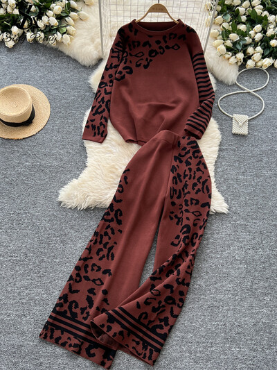 SINGREINY American Fashion Two Pieces Sets Sieviešu O Neck Basic Tops + Augsts viduklis Platas Kājas Bikses Ziemas trikotāžas kostīmi ar brīvu apdruku