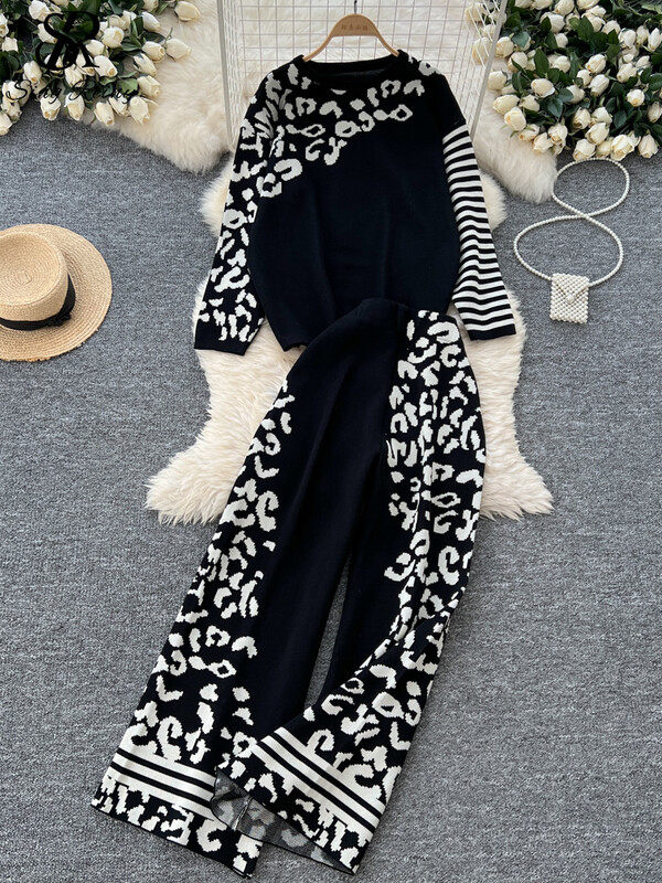 SINGREINY American Fashion Two Pieces Sets Sieviešu O Neck Basic Tops + Augsts viduklis Platas Kājas Bikses Ziemas trikotāžas kostīmi ar brīvu apdruku