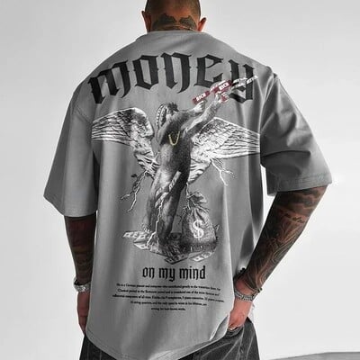 Tricouri oversize Streetwear Bărbați Money Angel Print Tricouri cu mânecă scurtă Tricou cu decolteu O Topuri la modă de vară Îmbrăcăminte pentru bărbați grăsime lejeră