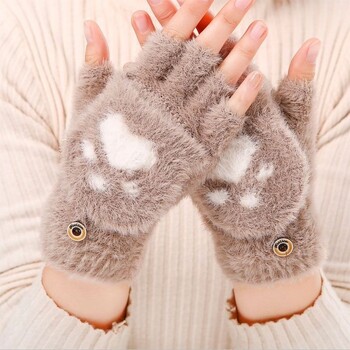 Thicken Women Warm Cat Gloves Fashion Girls Cat Claw Paw Плюшени ръкавици Меки плюшени къси зимни ръкавици без пръсти с половин пръст