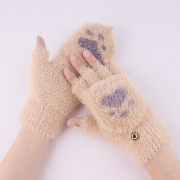 Thicken Women Warm Cat Gloves Fashion Girls Cat Claw Paw Плюшени ръкавици Меки плюшени къси зимни ръкавици без пръсти с половин пръст