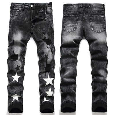 Slim Fit elastne must puuvillane tikitud nahast etikett Broken Hole Star Fashion meeste teksad