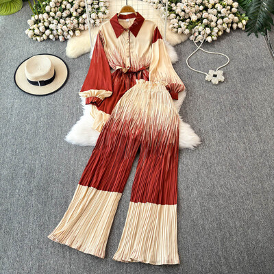 XFPV naiste avarate laternatega varrukatega särk vabaaja kõrge vöökohaga plisseeritud kärbitud püksid, kaheosaline komplekt, mood sügis 2025 SM11745