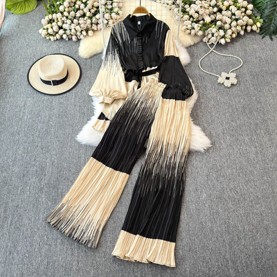 XFPV naiste avarate laternatega varrukatega särk vabaaja kõrge vöökohaga plisseeritud kärbitud püksid, kaheosaline komplekt, mood sügis 2025 SM11745