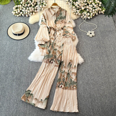 XFPV naiste avarate laternatega varrukatega särk vabaaja kõrge vöökohaga plisseeritud kärbitud püksid, kaheosaline komplekt, mood sügis 2025 SM11745