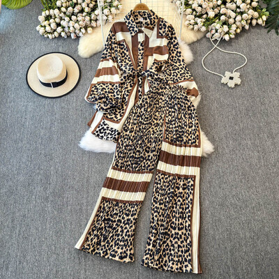 XFPV naiste avarate laternatega varrukatega särk vabaaja kõrge vöökohaga plisseeritud kärbitud püksid, kaheosaline komplekt, mood sügis 2025 SM11745