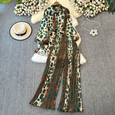 XFPV naiste avarate laternatega varrukatega särk vabaaja kõrge vöökohaga plisseeritud kärbitud püksid, kaheosaline komplekt, mood sügis 2025 SM11745