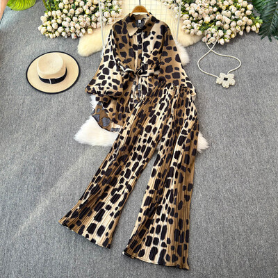 XFPV naiste avarate laternatega varrukatega särk vabaaja kõrge vöökohaga plisseeritud kärbitud püksid, kaheosaline komplekt, mood sügis 2025 SM11745