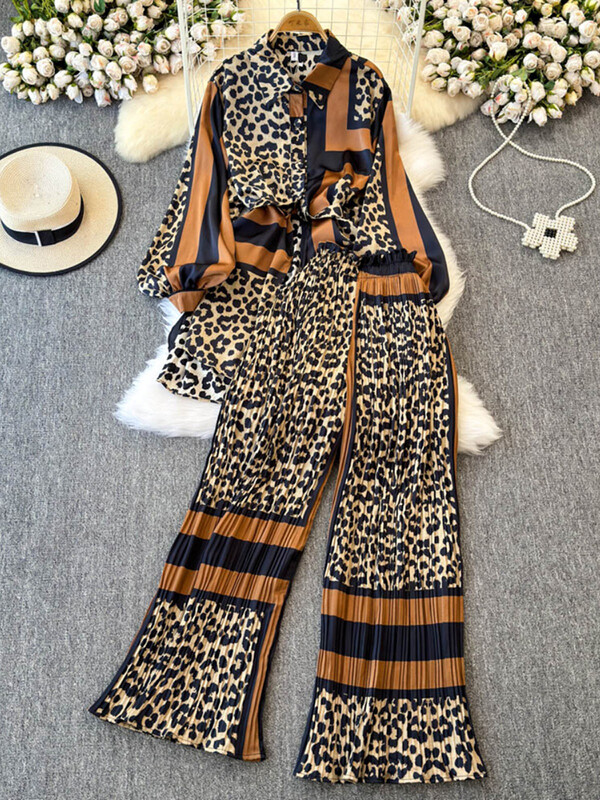 XFPV naiste avarate laternatega varrukatega särk vabaaja kõrge vöökohaga plisseeritud kärbitud püksid, kaheosaline komplekt, mood sügis 2025 SM11745